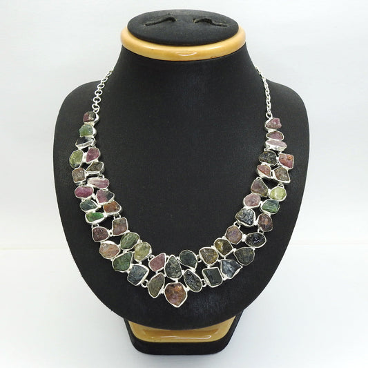 Natural Tourmaline 925 Silver Statement Rough Stone Necklace Jewelry