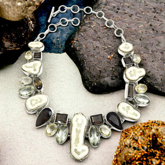 Jasper Smoky Quartz Citrine Green Amethyst Gemstone Necklace 925 Sterling Silver Handmade Jewelry