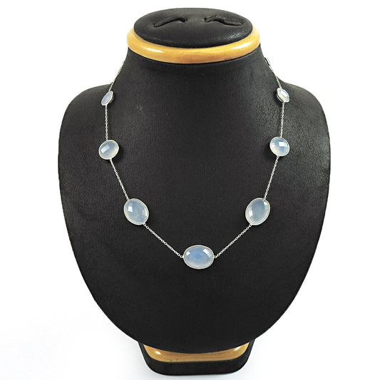 Natural Chalcedony Gemstone Cluster Boho Blue Necklace 925 Sterling Silver Y1