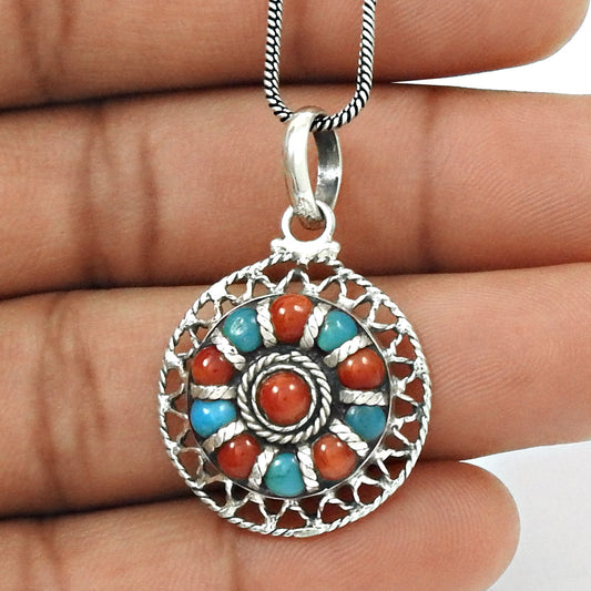 Coral 925 Sterling Silver Bezel Wedding Trendy Engagement December Birth Pendant