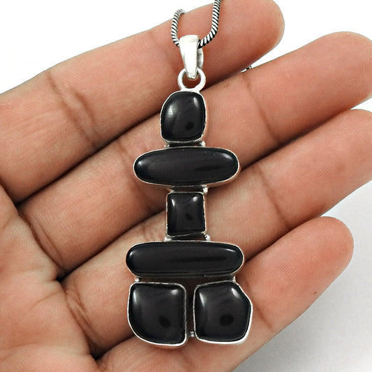 Natural Black Onyx Gemstone Pendant Inukshuk 925 Sterling Silver Jewelry For Women E21