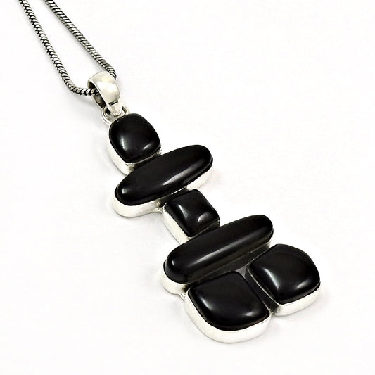 Natural Black Onyx Gemstone Pendant Inukshuk 925 Sterling Silver Jewelry For Women E21