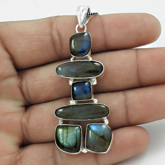 Cushion Labradorite Gemstone Wife Wedding Boho Inukshuk Pendant 925 Solid Silver