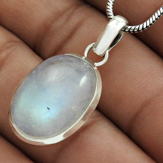 Oval Crown Chakra Rainbow Moonstone Stone New Bezel Pendant 925 Solid Silver