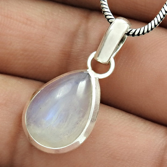 Pear Natural Rainbow Moonstone 925 Solid Silver Wife Ethnic Art Deco New Pendant