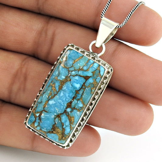 Natural Copper Turquoise Gemstone Pendant Bohemian Blue 925 Sterling Silver N90