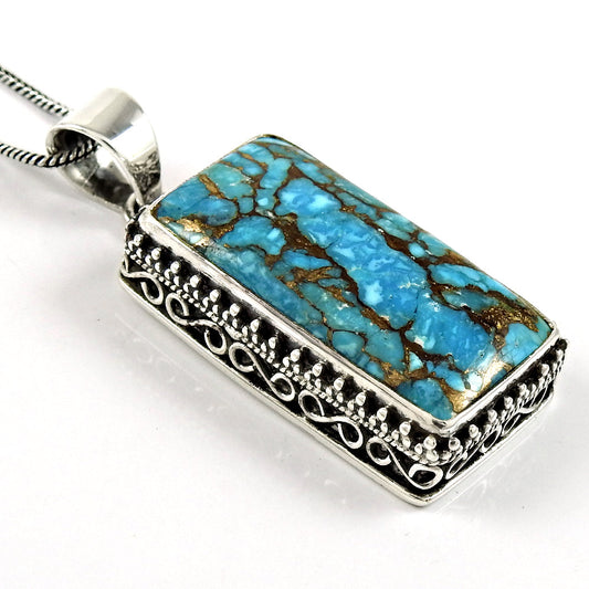 Natural Copper Turquoise Gemstone Pendant Bohemian Blue 925 Sterling Silver N90