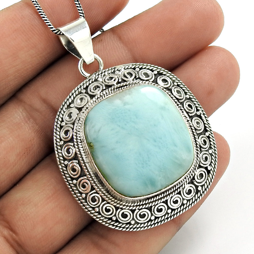 Birthday Gift 925 Sterling Silver Natural Larimar Gemstone Pendant Ethnic B25