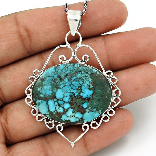 Oval Turquoise Stone 925 Sterling Silver December Tribal Wedding Elegant Pendant