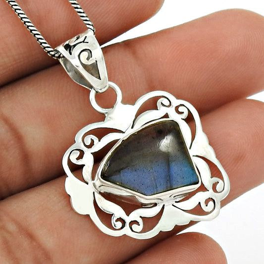 Natural Labradorite Gemstone Pendant Bohemian Blue 925 Sterling Silver A78