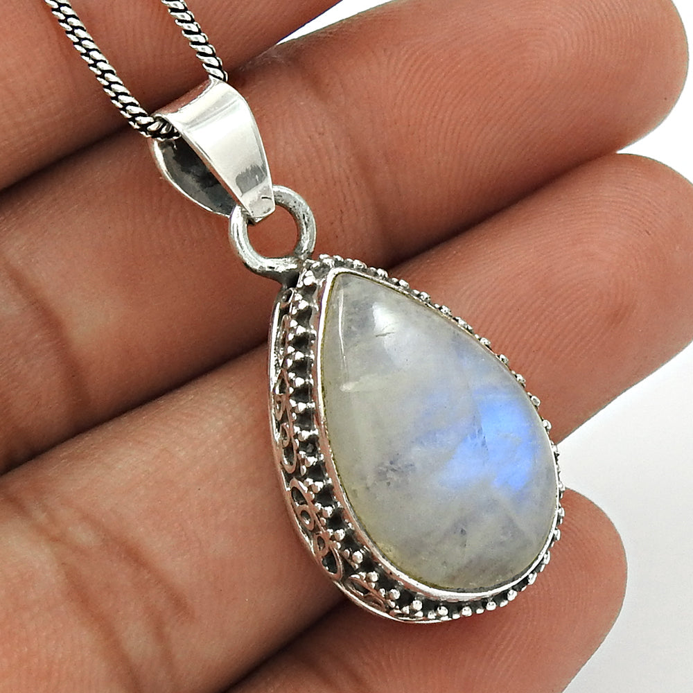 Gift For Her 925 Silver Natural Rainbow Moonstone Gemstone Pendant Boho A63