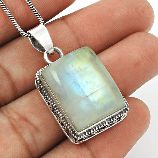 Crown Chakra Natural Rainbow Moonstone Tribal Sister Pendant 925 Solid Silver