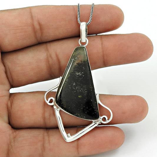 Trillion Black Rutile Stone Ethnic Pendant Jewelry 925 Silver