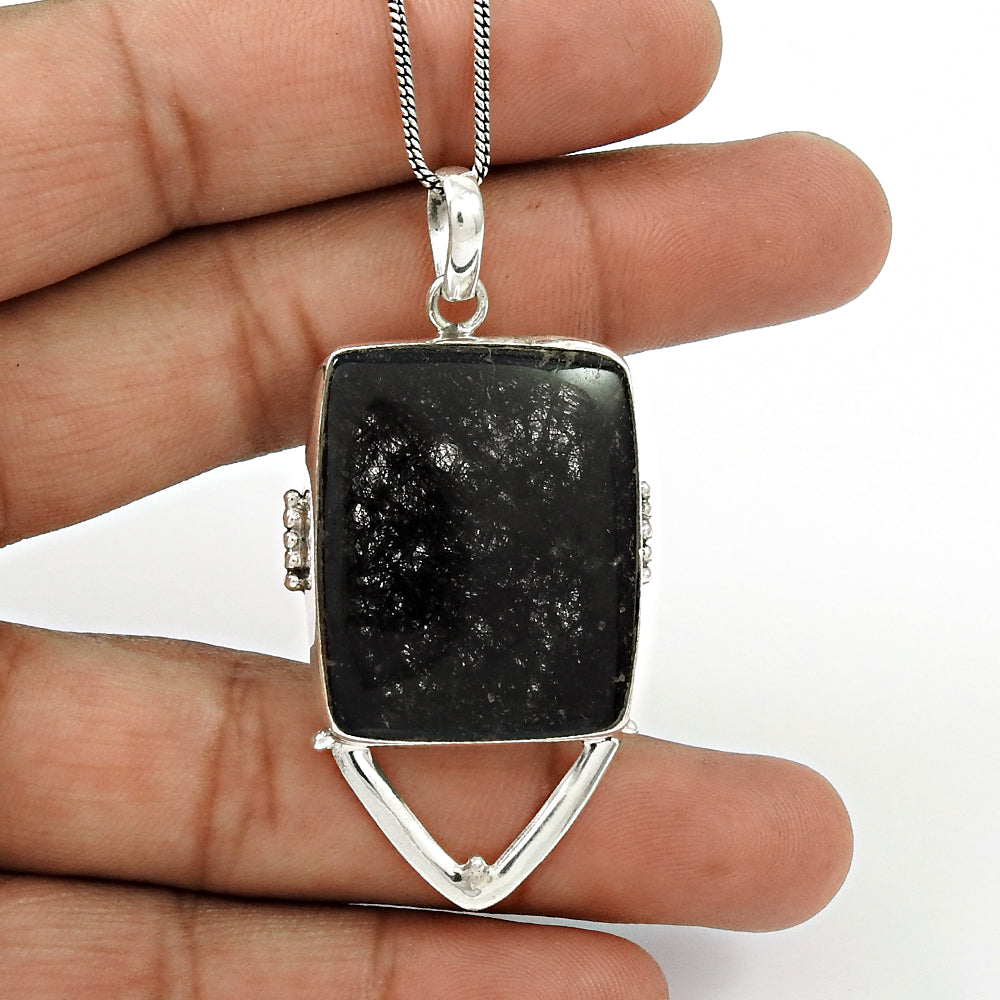 Natural Black Rutile Gemstone Pendant Tribal 925 Sterling Silver For Women X64