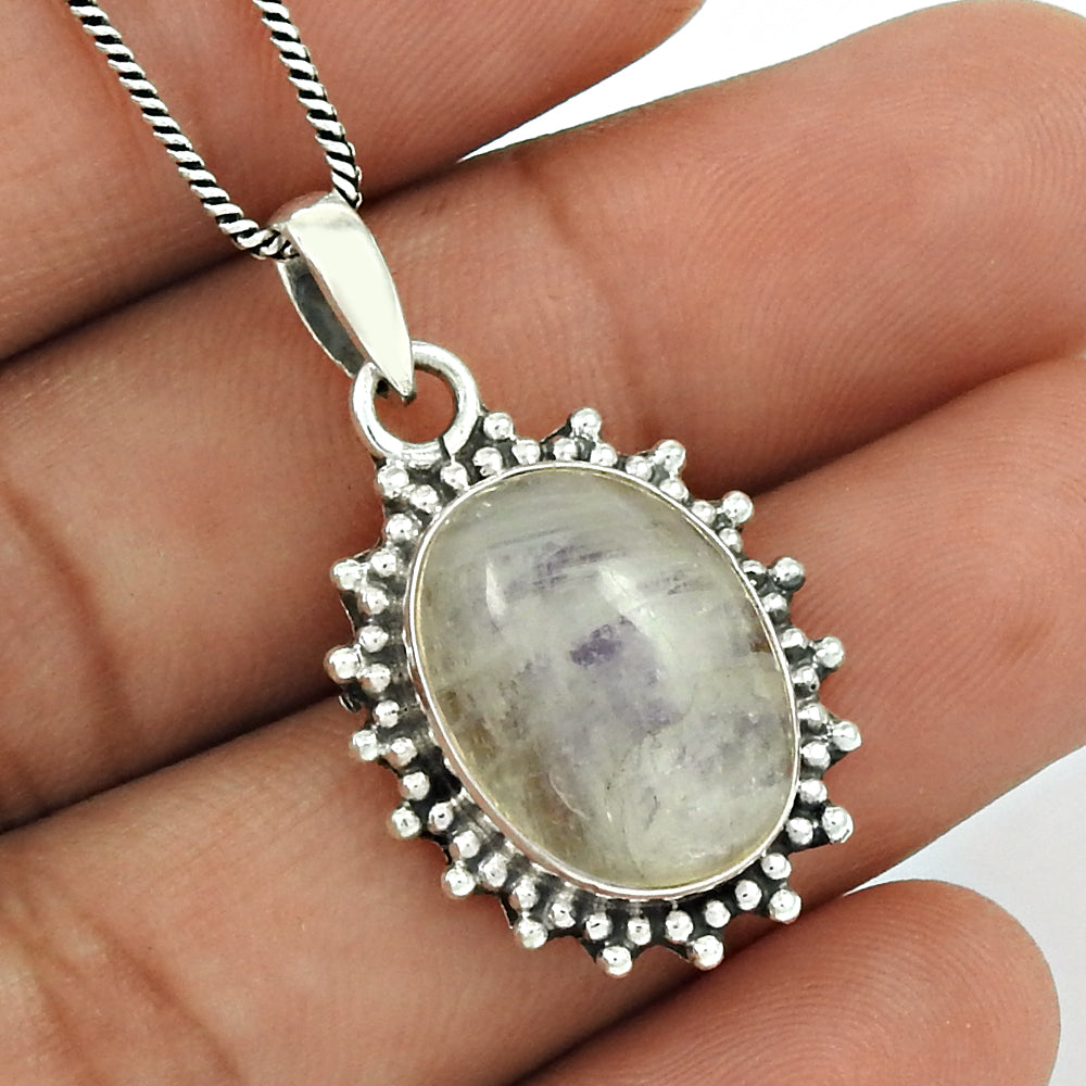 Natural Rainbow Moonstone Gemstone Pendant Bohemian White 925 Sterling Silver R8