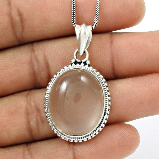 Natural Rose Quartz Gemstone 925 Sterling Silver Pendant Boho For Girls E9