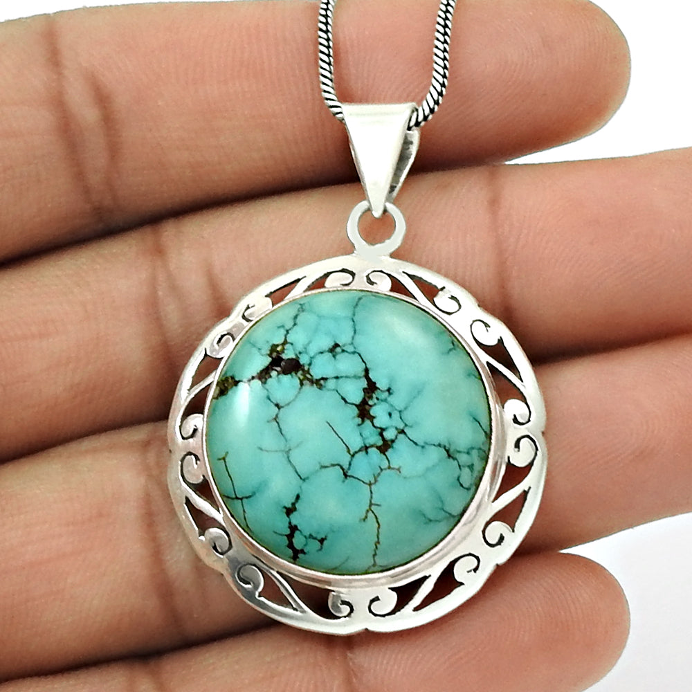 Round Turquoise Gemstone 925 Sterling Silver Handmade Tribal Mother Boho Pendant