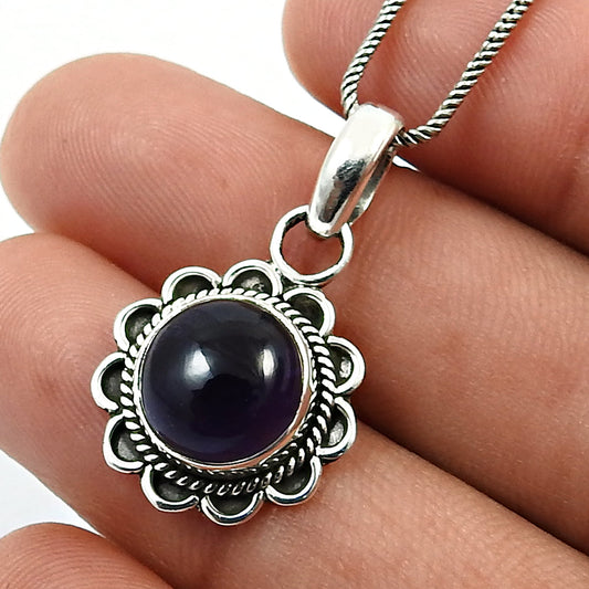 Round Natural Amethyst Trendy Engagement Vintage Daughter Pendant Solid Silver