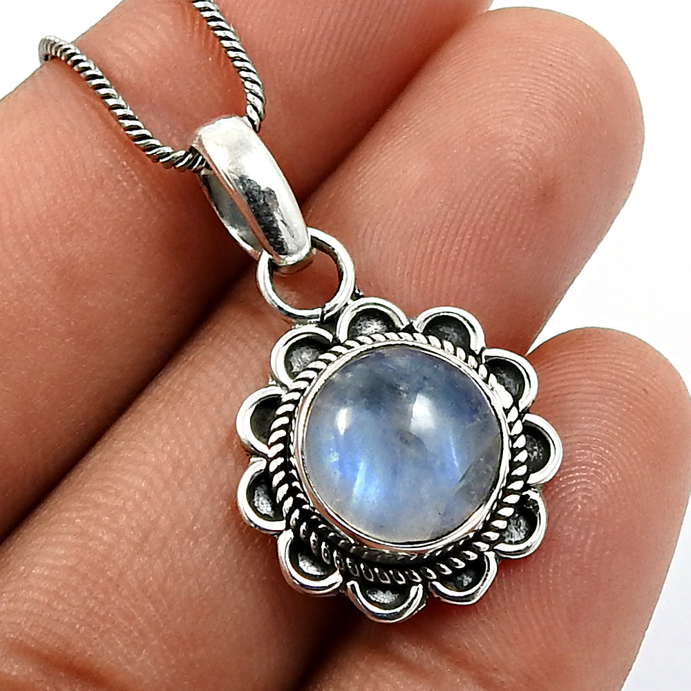 Rainbow Moonstone Stone Vintage Wedding Crown Chakra Pendant 925 Sterling Silver