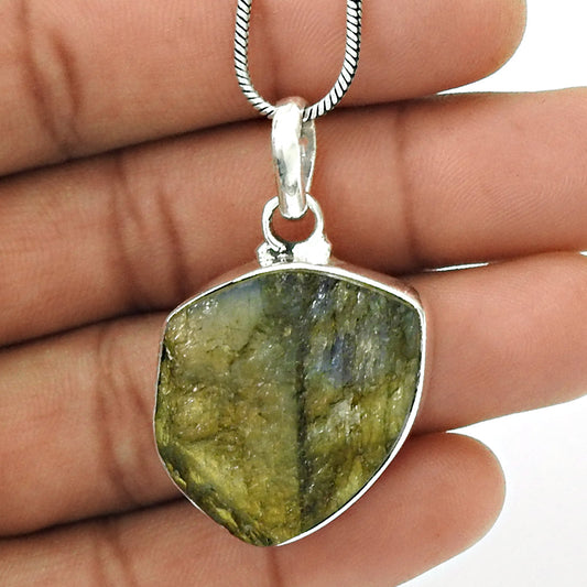 Birthday Gift Natural Labradorite Pendant Rough Stone 925 Sterling Silver L9