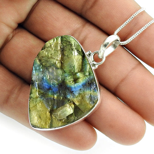 Gift Pendant Rough Stone 925 Silver Wholesale Jewelry Natural Labradorite T3