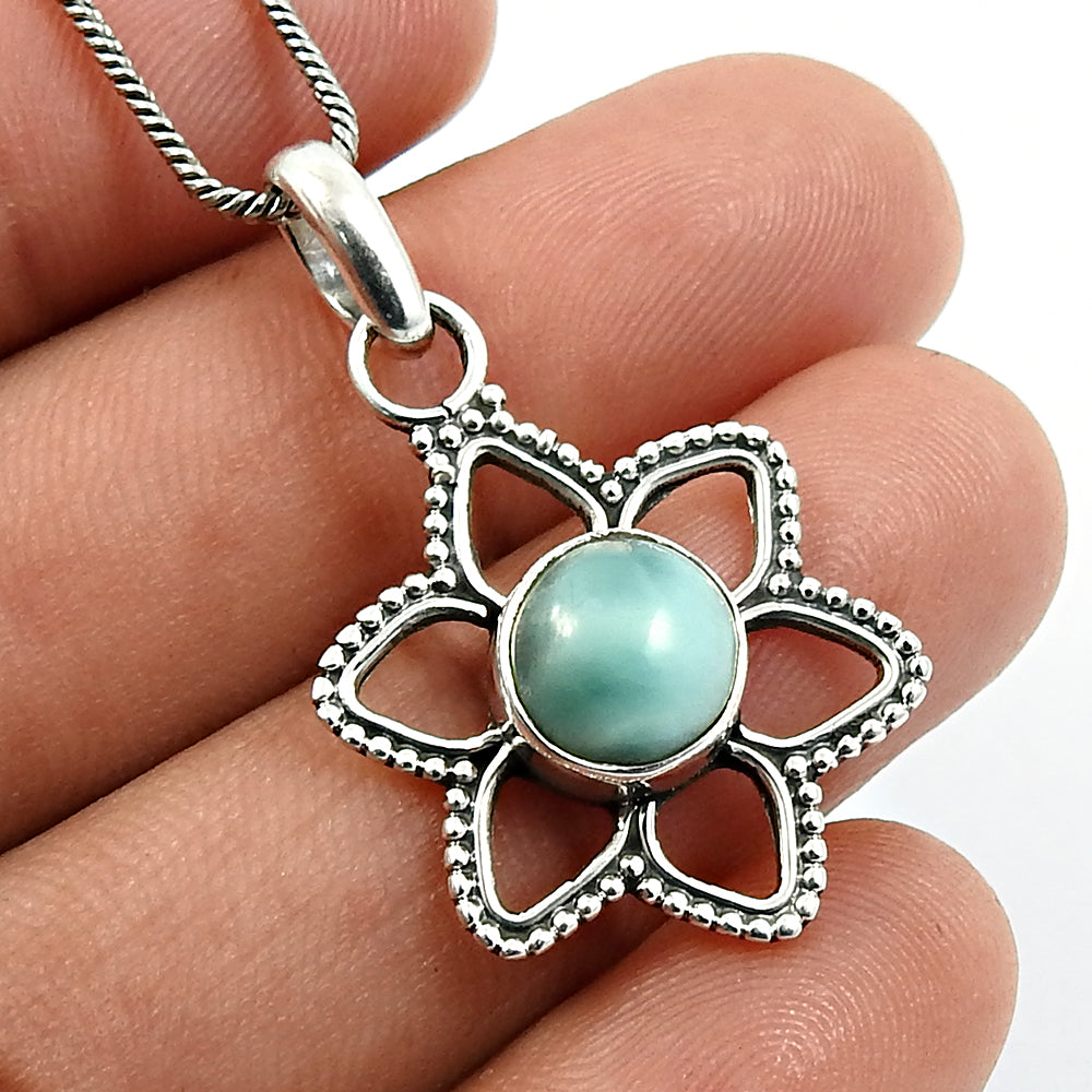 Throat Chakra Larimar Stone Bezel Flower Anniversary Pendant 925 Sterling Silver