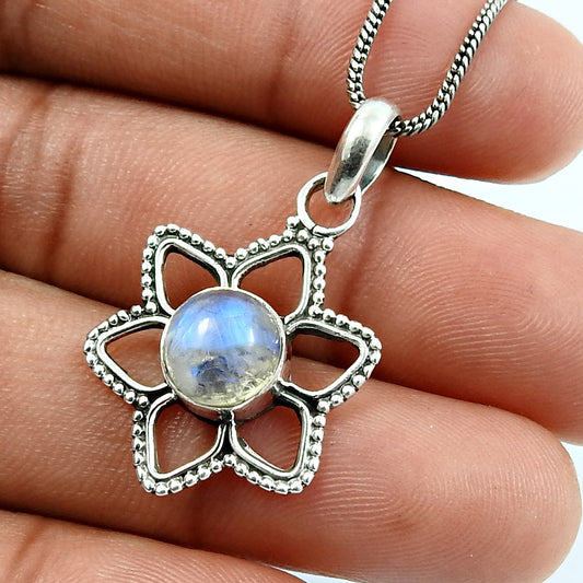 Crown Chakra Natural Rainbow Moonstone 925 Solid Silver Flower Birthday Pendant