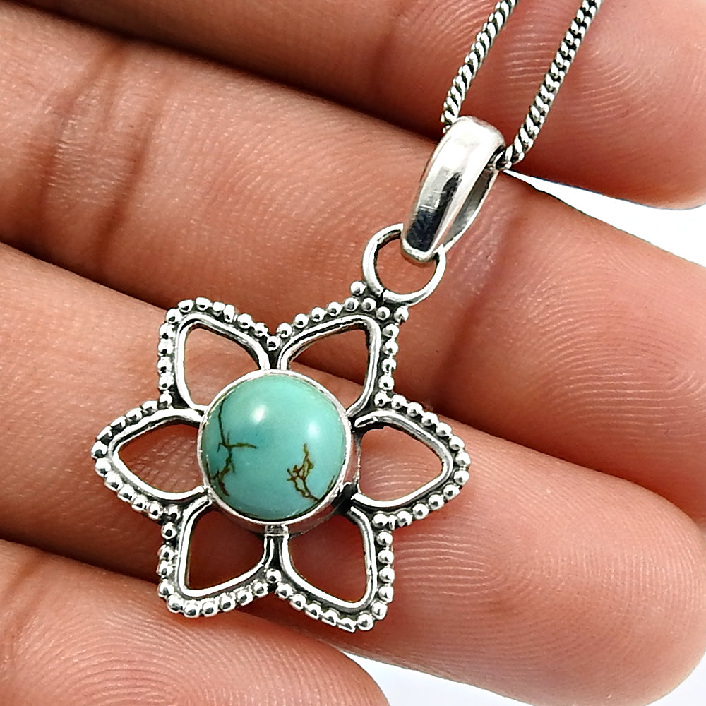 Turquoise Gemstone Sister Flower Ethnic Bezel December Pendant 925 Solid Silver