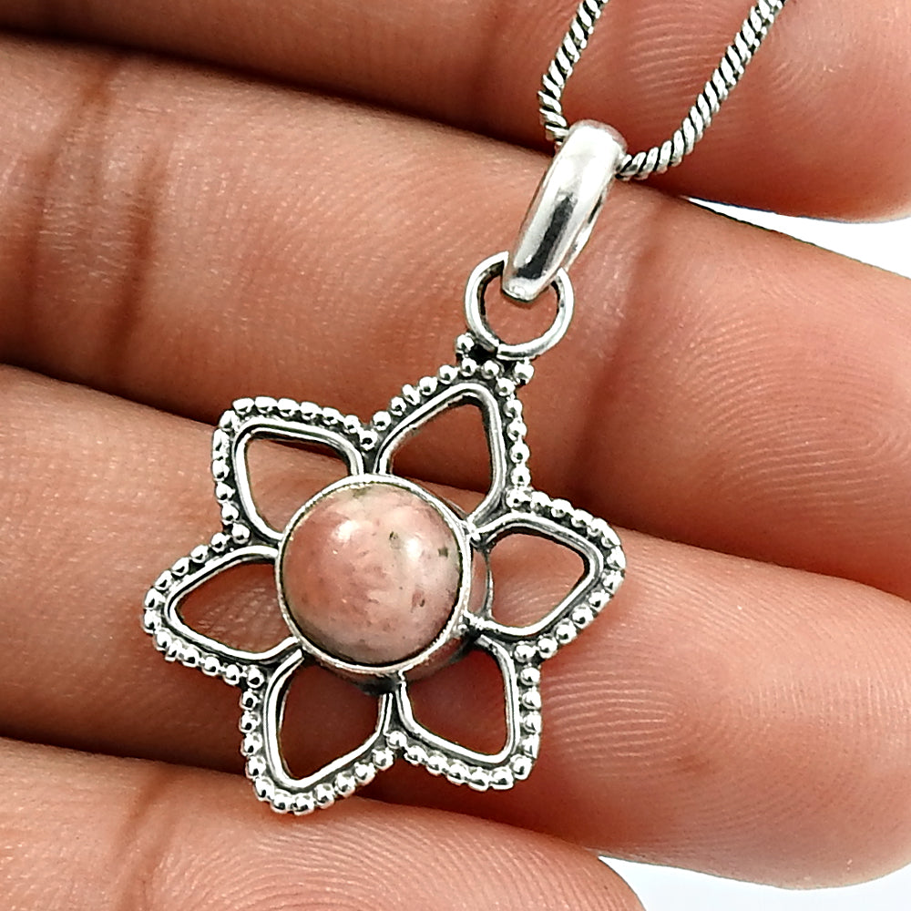 Heart Chakra Round Natural Rhodochrosite Solid Silver Flower Engagement Pendant