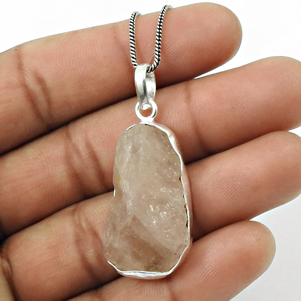 Natural Rose Quartz Gemstone Pendant Rough Stone 925 Sterling Silver Jewelry M9