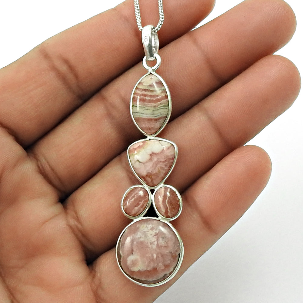 Natural Rhodochrosite Gemstone Pendant Bohemian Pink 925 Sterling Silver R9