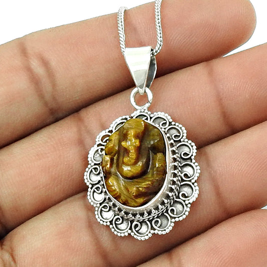 Birthday Gift 925 Silver Natural Tiger Eye Gemstone Pendant Ganesha E29