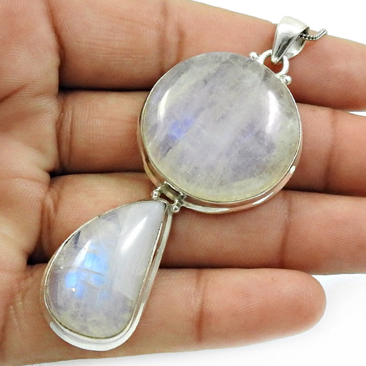 925 Solid Silver Natural Rainbow Moonstone Artisan Trendy Tribal Mother Pendant