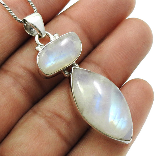 Solid Silver Rainbow Moonstone Gemstone Anniversary Daughter Boho Bezel Pendant