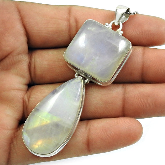 Natural Rainbow Moonstone Birthday Gift Pendant 925 Silver Statement Jewelry K8