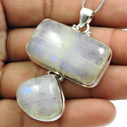 Natural Rainbow Moonstone Gemstone Pendant Bohemian 925 Silver For Women R70