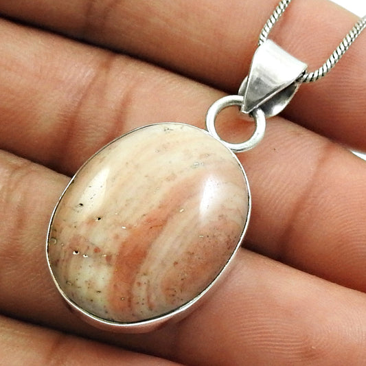 Solid Silver Oval Natural Rhodochrosite Wife Art Deco Boho Ethnic Trendy Pendant