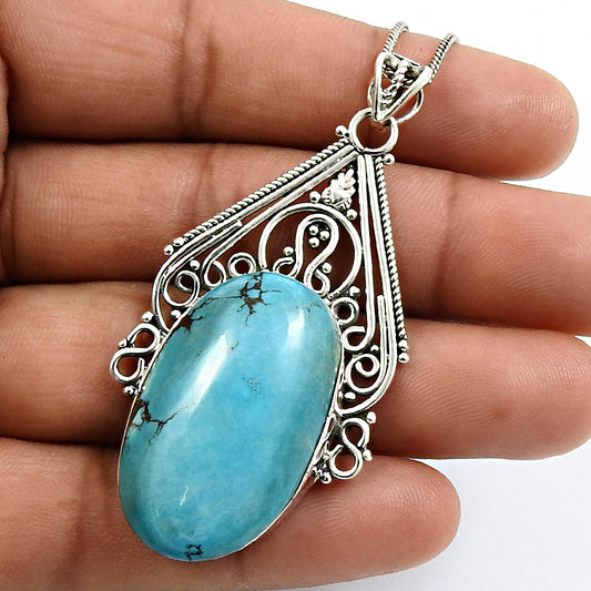 Friendship Day Sale Oval Turquoise Gemstone Solid Silver Ethnic Bezel Pendant