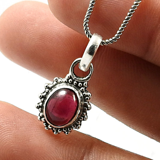 Birthday Gift 925 Sterling Silver Natural Garnet Gemstone Pendant Vintage N88