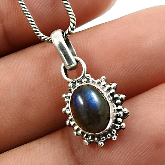 Natural Labradorite Gemstone Pendant Bohemian 925 Sterling Silver Jewelry C88