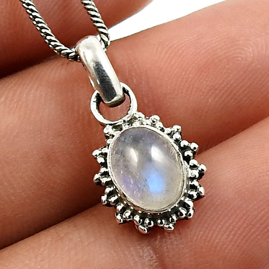 Birthday Gift 925 Silver Natural Rainbow Moonstone Pendant Bohemian H88