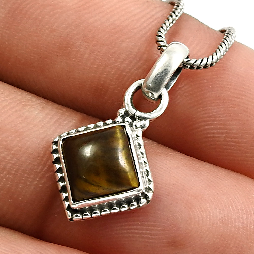 Cushion Natural Tiger Eye Birthday New Tribal Bezel Pendant 925 Solid Silver