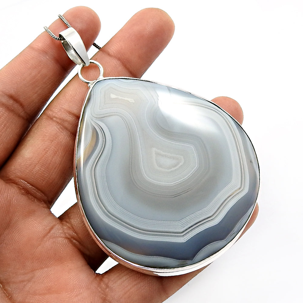 Natural Striped Onyx Gemstone Pendant Vintage 925 Sterling Silver Jewelry C31