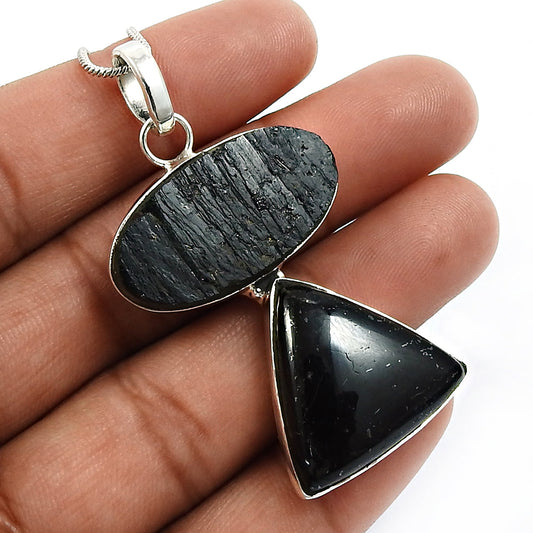 Gift For Her Natural Black Tourmaline 925 Sterling Silver Pendant Jewelry J65