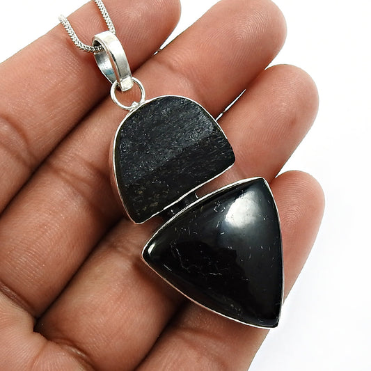 Birthday Gift 925 Silver Natural Black Tourmaline Stone Pendant Healing B40