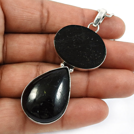 Rough Black Tourmaline Healing Gemstone Pendant 925 Sterling Silver Jewelry M39