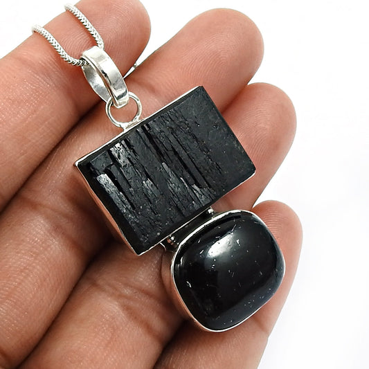 Birthday Gift 925 Silver Natural Black Tourmaline Stone Pendant Healing P39