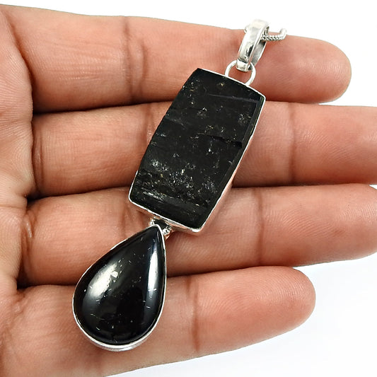 Black Tourmaline Gemstone 925 Solid Silver Artisan Bezel Healing Power Pendant