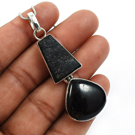 Healing Power Black Tourmaline Gemstone Pendant 925 Sterling Silver Jewelry R13