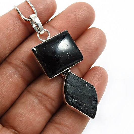 Black Tourmaline Gemstone Sterling Silver Healing Sister Bezel Pendant Jewelry